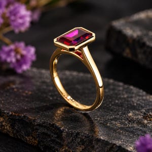 Puede incluir: Un anillo de oro con una piedra preciosa de color rojo intenso de corte esmeralda rectangular en un engaste de bisel. La banda es lisa y pulida, con un diseño cónico que conduce a la piedra central, mostrando una superficie vibrante y brillante.