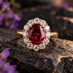 Solid Gold Oval Cut Lab-Grown Ruby Engagement Ring, July Birthstone Halo Art Deco Ring ,  Bezel Set Ruby , Gift For Her