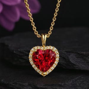 Può includere: Una collana color oro con un ciondolo a forma di cuore. Il ciondolo presenta una grande pietra rossa sfaccettata circondata da un alone di pietre preziose chiare più piccole. La catena è un delicato design a maglie.