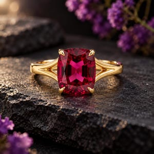 Puede incluir: Un anillo de oro con una gran piedra preciosa de color rojo intenso en talla cojín, sujeta por cuatro garras. La banda presenta un diseño de brazo dividido que se estrecha hacia la piedra central, con un acabado metálico pulido y brillante.
