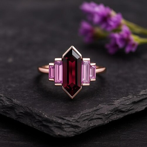 Garnet Hexagon and Pink Sapphire Baguette Ring Solid Gold or Silver, Art Deco Statement Ring, Fine Jewellery Gift for Her, Gemstone Ring