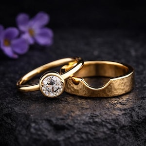 Minimalist Gold Engagement Ring Set, Bezel Set Diamond Ring & Plain Gold Wedding Band, Modern Bridal Ring Set Personalized Rings