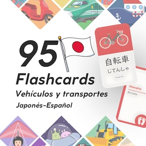Könnte beinhalten: Ein Set von 95 Karteikarten mit verschiedenen Fahrzeugen und Transportmitteln. Die Karten sind auf Japanisch und Spanisch, mit Illustrationen eines Fahrrads, Autos, Zuges und anderer Fahrzeuge. Eine japanische Flagge ist ebenfalls abgebildet.