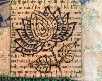 Postcard sized Paper and Fabric stitched Lotus Flower Picture in Blues and Greens