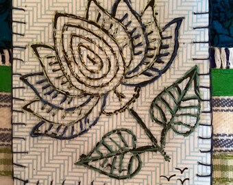 Postcard sized Paper and Fabric stitched Lotus Flower Picture in Blues and Greens