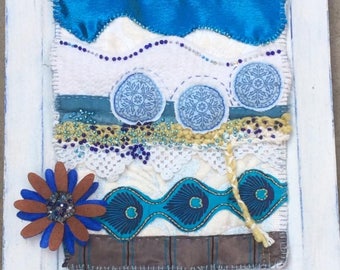 Textile Picture in Blues, Chocolate and Cream