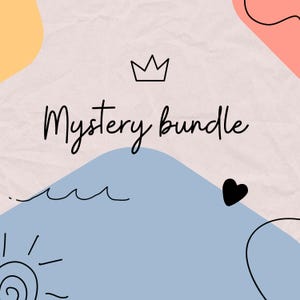 May include: A graphic with the words "Mystery bundle" in black script, a crown, a black heart, and other decorative elements. The background has pastel colors of yellow, blue, and pink.