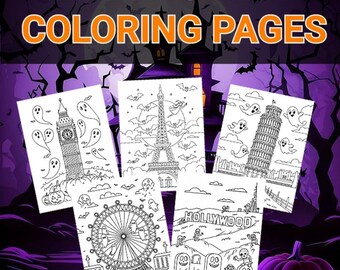 12 Halloween Coloring Pages: Spooky World Landmarks (PDF)