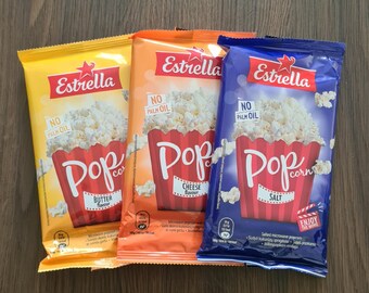 Zestaw do samodzielnego przygotowania popcornu w mikrofalówce: 3 smaki, bez oleju palmowego – Estrella