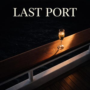 May include: A champagne flute filled with bubbly liquid sits on a wooden railing, with the text "LAST PORT" above. The railing is illuminated by sunlight, casting a warm glow on the wood. The background is a dark, rippling body of water.