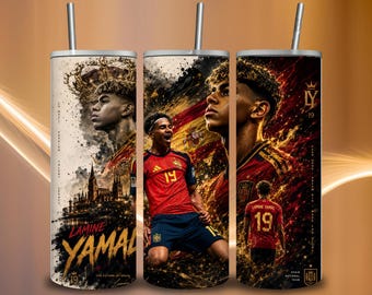 Diseño PNG para vaso térmico delgado Lamine Yamal de 20 oz / Diseño para vaso térmico de fútbol de España / Sublimación de fútbol / Plantilla de descarga digital