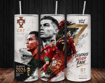 Diseño PNG para vaso térmico de Cristiano Ronaldo y Portugal / Diseño de sublimación para vaso térmico delgado CR7 de 20 oz / Descarga digital para aficionados al fútbol del Mundial 2026