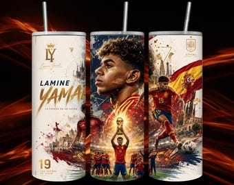 Diseño PNG para vaso térmico Lamine Yamal, número 19, diseño de fútbol rojo y dorado, vaso térmico delgado de 20 oz para aficionados al fútbol, sublimación, descarga digital instantánea.