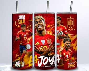 Diseño PNG de vaso Lamine Yamal de 20 oz, delgado y recto, diseño de sublimación de fútbol, descarga digital instantánea de Barcelona Sports
