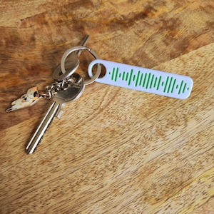 Könnte beinhalten: Ein Schlüsselbund mit einem weißen Schlüsselanhänger mit einem grünen Schallwellenmuster. Ein kleiner Anhänger mit einem Katzenmotiv ist an den Schlüsseln befestigt. Die Schlüssel und der Schlüsselanhänger liegen auf einer Holzoberfläche.