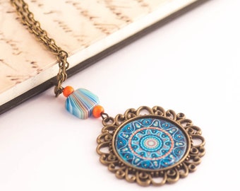 Mandala Blue Necklace, Moroccan Necklace, Arabic Necklace, Yoga Necklace, Gift For Her, Christmas Gift, Boho Necklace, Mandala, Blue, Charm