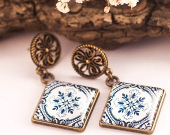 Tile Earrings, Portuguese Earrings, Mediterranean Earrings, Gift For Her, Christmas Gift, Glass Earrings, Tiles, Blue Earrings, Blue White