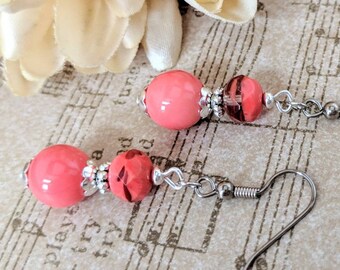 Sterling Silver Coral Earrings Dangle, Spring Wedding Jewelry for Bridesmaids, Pink Coral Earrings, Nonallergenic, Mothers Day Gift for Wife