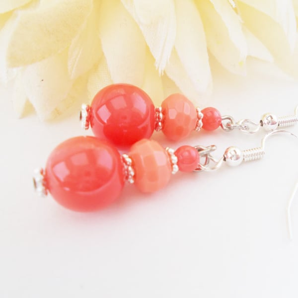 Sterling Silver Pink Coral Earrings Dangle, Clip On Earrings Bridal, Bridesmaids Gift for Her, Birthday Gift for Sister, Best Selling Items