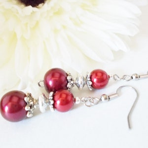 Ruby Red Pearl Earrings Bridesmaids Gift, Fall Wedding Jewelry Sterling Silver, Clip On Earrings Dangle, Boho Bridal Earrings Autumn Jewelry image 4