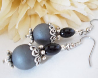 Pewter Gray Earrings Sterling Silver Jewelry, Birthday Gift for Her, Boho Earrings Bohemian Jewelry, Minimalist Jewelry, Black Grey Earrings
