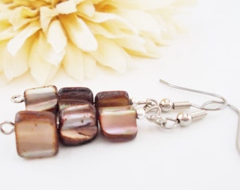 Mother of Pearl Jewelry Organic, Sterling Silver Brown Earrings, Mothers Day Gift for Mom, Hypoallergenic, Beaded Earrings Casual Jewelry