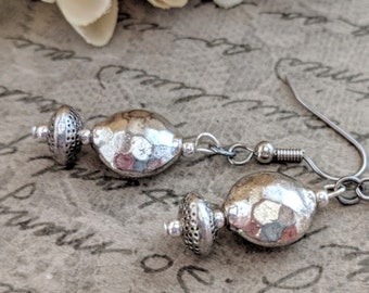 Boho Dangle Earrings Hammered Silver Earrings Handmade, Pewter Earrings, Birthday Gift for Girlfriend, Nonpierced Earrings for Daughter