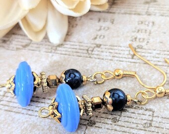 Dark Blue Earrings Gold, Vintage Czech Glass Earrings Dangle, Hematite Earrings, Metaphysical Jewelry Gift for Sister, Pagan Gifts for Wife