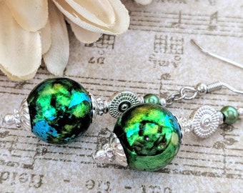 Sterling Silver Green Earrings Dangle, Emerald Earrings Pearl, Hypoallergenic, Pewter Earrings for Her, Handmade Jewelry Artisan Earrings