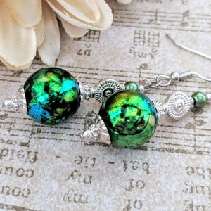 Sterling Silver Green Earrings Boho Emerald, Vintage Glass Earrings, Nautilus Jewelry, 3rd Wedding Anniversary for Wife, Boho Earrings Green