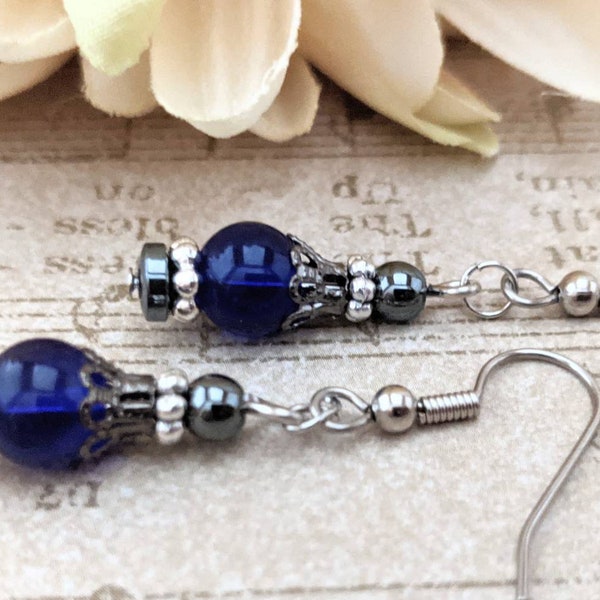 Sterling Silver Navy Blue Earrings Dangle, Czech Glass Earrings, Hypoallergenic, Sensitive Ear, Metaphysical Jewelry Gift for Mom, Hematite