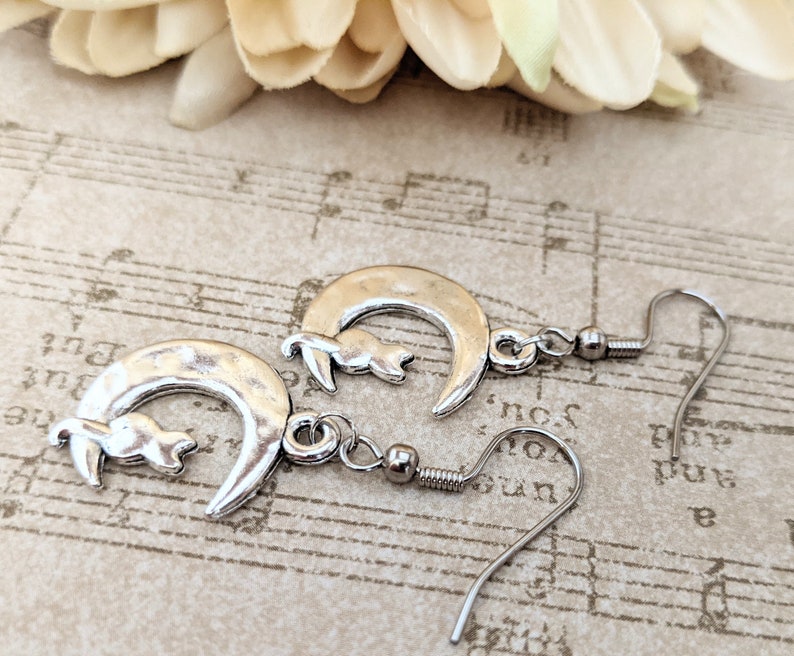 Sterling Silver Cat on the Moon Earrings Dangle, Celestial Jewelry Witchy Gifts for Women, Birthday Gifts for Cat Lovers, Vet Gift for Her image 7