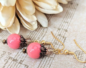 Victorian Earrings, Coral Earrings Dangle, Pink Earrings Gold, Nonpierced Earrings for Women, Valentines Day Gift for Wife, Handmade Jewelry