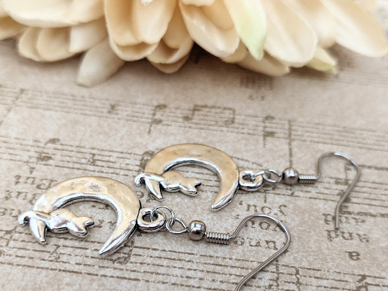 Sterling Silver Cat on the Moon Earrings Dangle, Celestial Jewelry Witchy Gifts for Women, Birthday Gifts for Cat Lovers, Vet Gift for Her image 8