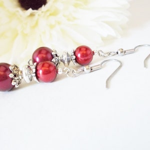 Ruby Red Pearl Earrings Bridesmaids Gift, Fall Wedding Jewelry Sterling Silver, Clip On Earrings Dangle, Boho Bridal Earrings Autumn Jewelry image 7