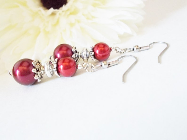 Ruby Red Pearl Earrings Bridesmaids Gift, Fall Wedding Jewelry Sterling Silver, Clip On Earrings Dangle, Boho Bridal Earrings Autumn Jewelry image 7