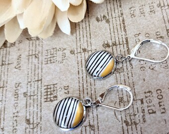 Sterling Silver Striped Earrings, Hypoallergenic, Mod Earrings Summer Jewelry, Yellow Earrings Dangle, Inexpensive Birthday Gift for Tweens