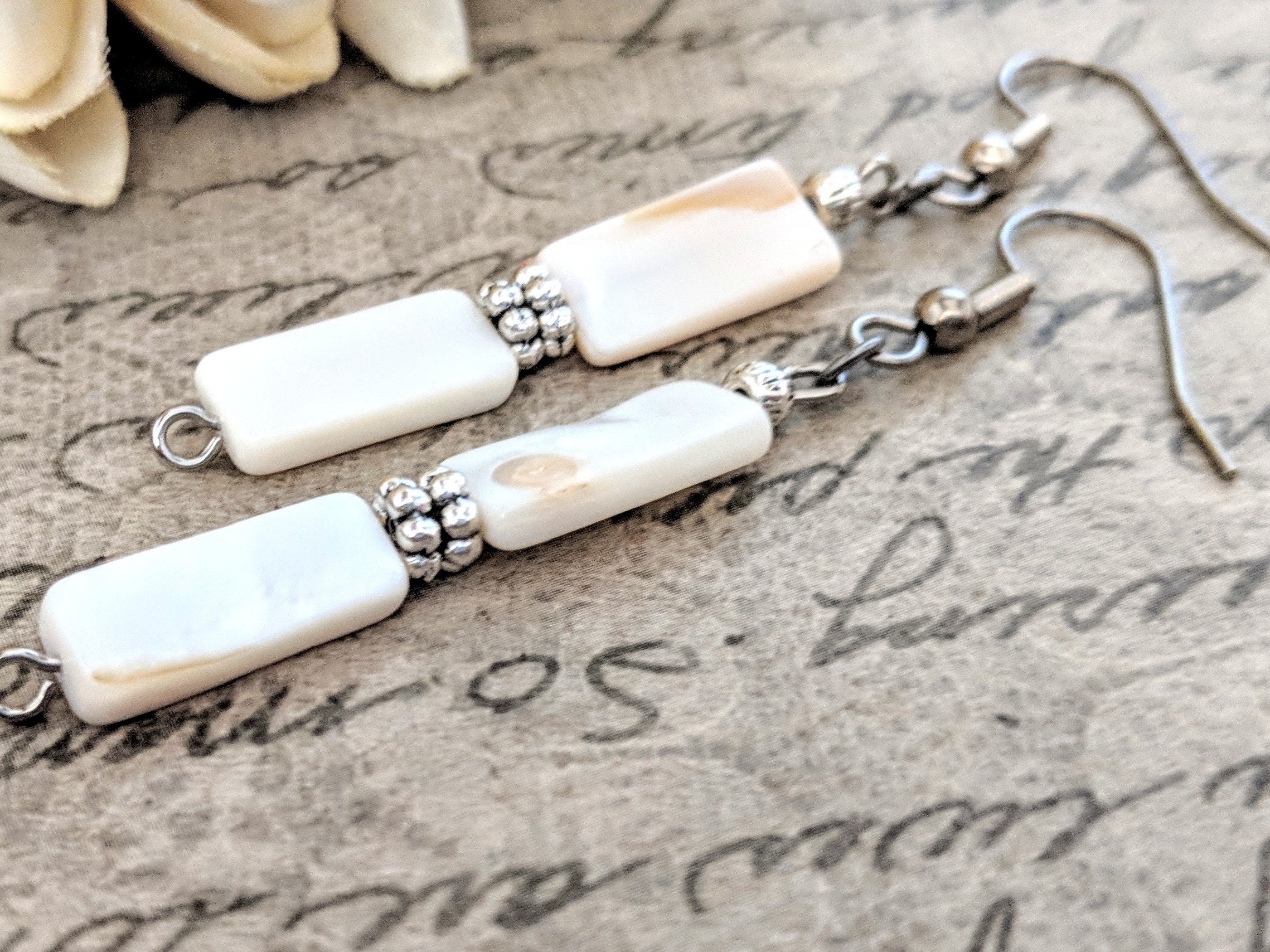 Sterling Silver Ivory Earrings Mother of Pearl Jewelry 