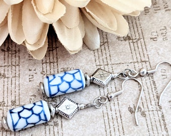 Sterling Silver Delft Blue Earrings, Ceramic Jewelry, Dutch Earrings, Hypoallergenic, Honeycomb Jewelry, Chinoiserie Gift for Girlfriend