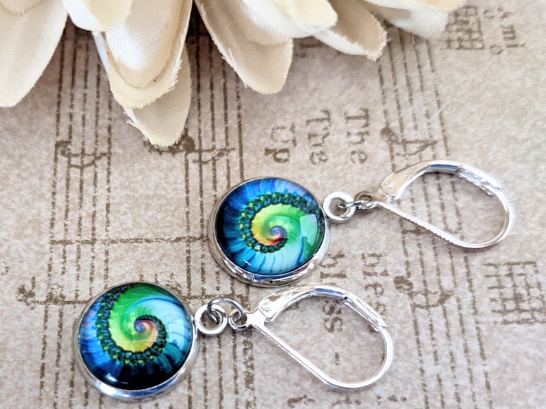 Sterling Silver Fibonacci Spiral Earrings, Sacred Spirals Nickel Free Earrings Dangle, Ocean Jewelry for Women, Unique Gifts for Sisters image 1