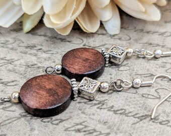 Sterling Silver Wood Earrings Dangle, Eco Friendly Gifts for Mom, Vegan Jewelry, 5th Anniversary Gift for Her, Mothers Day Gift for Women