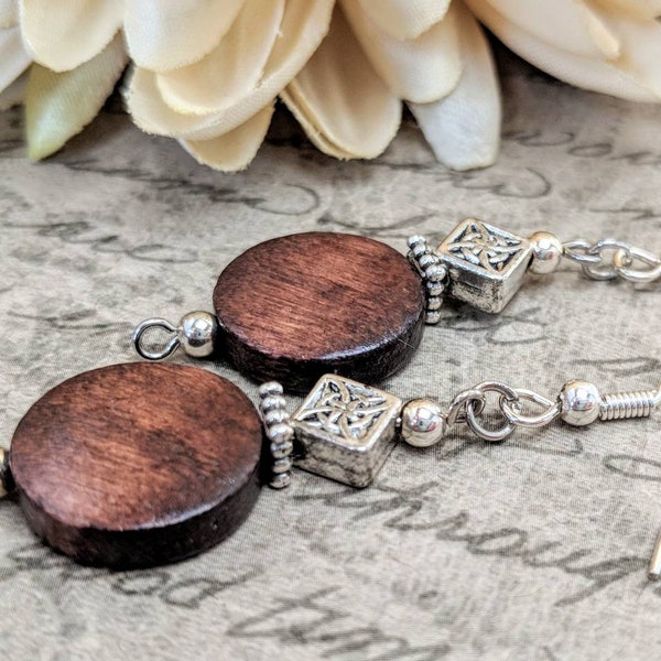 Sterling Silver Wood Earrings Dangle, Eco Friendly Gifts for Mom, Vegan Jewelry, 5th Anniversary Gift for Her, Mothers Day Gift for Women