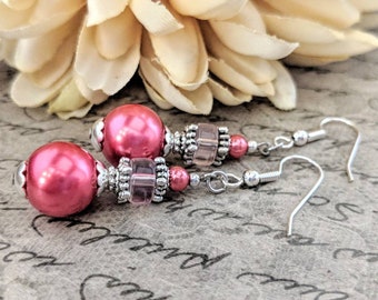 Sterling Silver June Birthstone Earrings, Pink Pearl Earrings Handmade Jewelry, Summer Wedding Jewelry Bridesmaids Gift for Best Friends