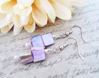 Sterling Silver Purple Earrings, Hypoallergenic Earrings Dangle, Shell Clip On Earrings, Boho Chic Earrings, Easter Basket Stuffers for Her