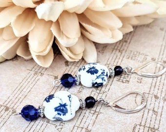 Sterling Silver Delft Blue Earrings, Cottagecore, White Blue Floral Earrings Ceramic, Dutch Jewelry Chinoiserie, Birthday Gift Ideas for Mom