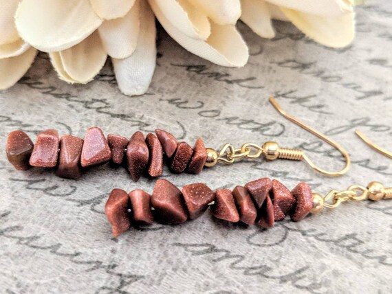 Goldstone Earrings, Hypoallergenic Earrings Gold, Metaphysical Gifts, Grounding Stone Sacral Chakra Earrings Dangle, Unique Gifts for Mom