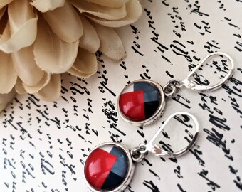 Sterling Silver Abstract Earrings Dangle, Red and Gray Earrings, Nonpierced Earrings for Women, Art Deco Jewelry for Mom, Cute Earrings for