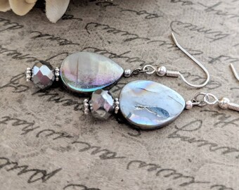 Sterling Silver Teardrop Earrings Dangle, Mother of Pearl Jewelry, Metaphysical Jewelry Gift for Her, Root Chakra Earrings, Pagan Gifts for