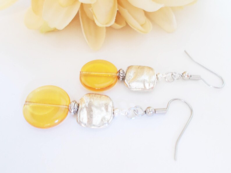 Sterling Silver Amber Earrings Dangle, Pewter Earrings, Honeycore, Hypoallergenic, Artisan Earrings Unique Design, Boho Chic Earrings Gold image 8