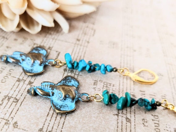 elephant earrings gold, elephant gifts for women sisterhood gift, turquoise earrings dangle, fun stocking stuffers for sisters, secret Santa